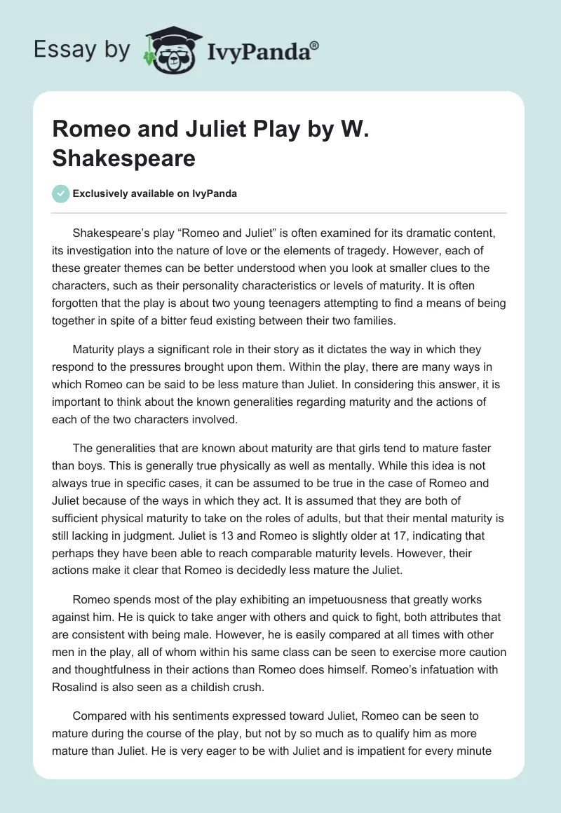Personality and Maturity in the Romeo and Juliet Play by W. Shakespeare. Page 1