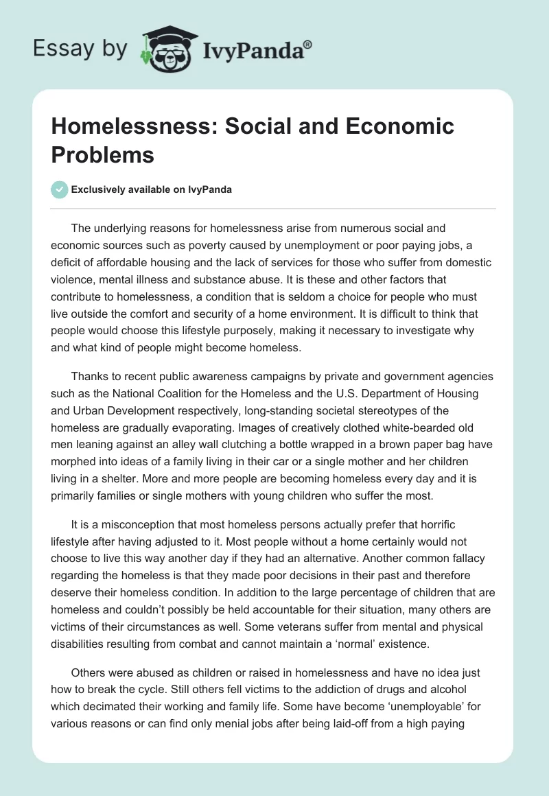 Homelessness: Social and Economic Problems. Page 1