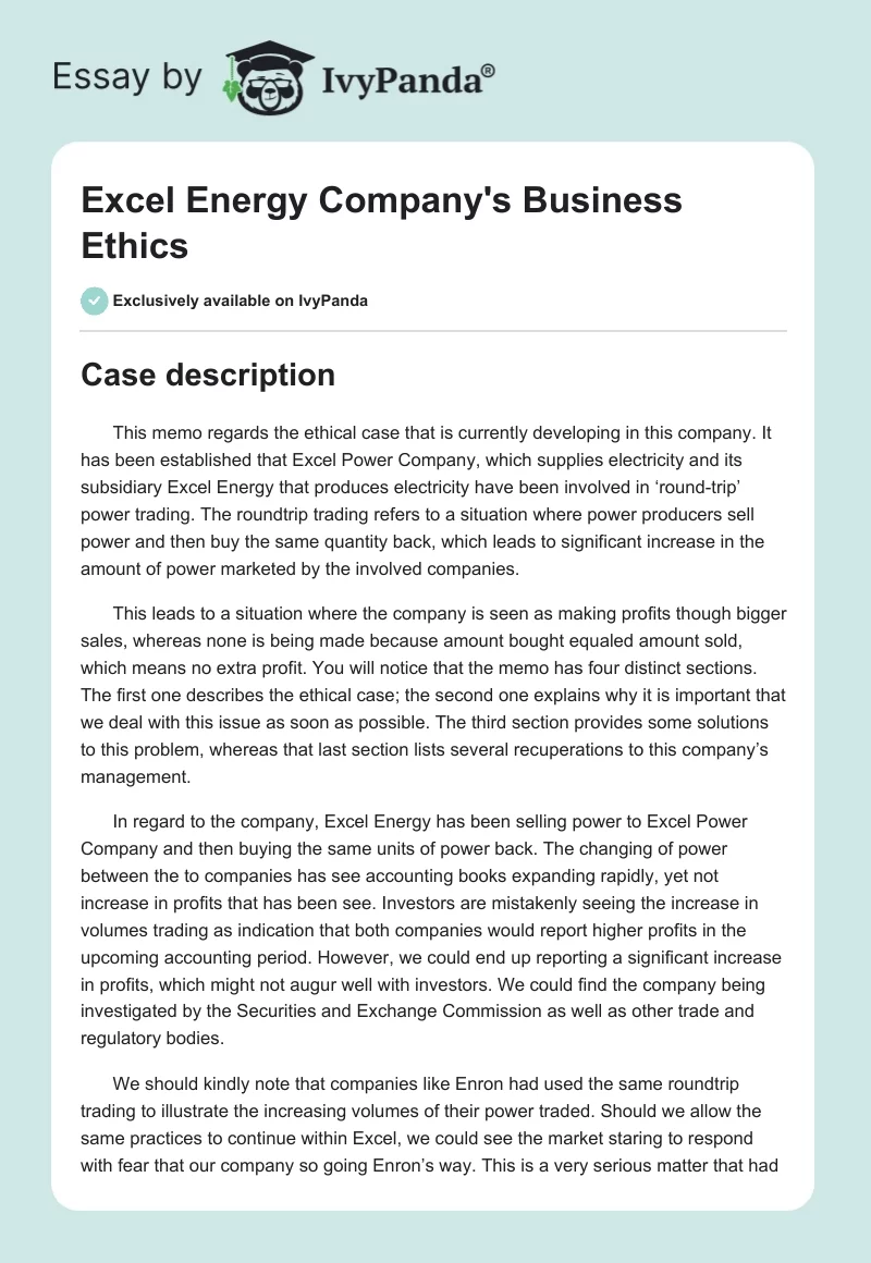 Excel Energy Company's Business Ethics. Page 1