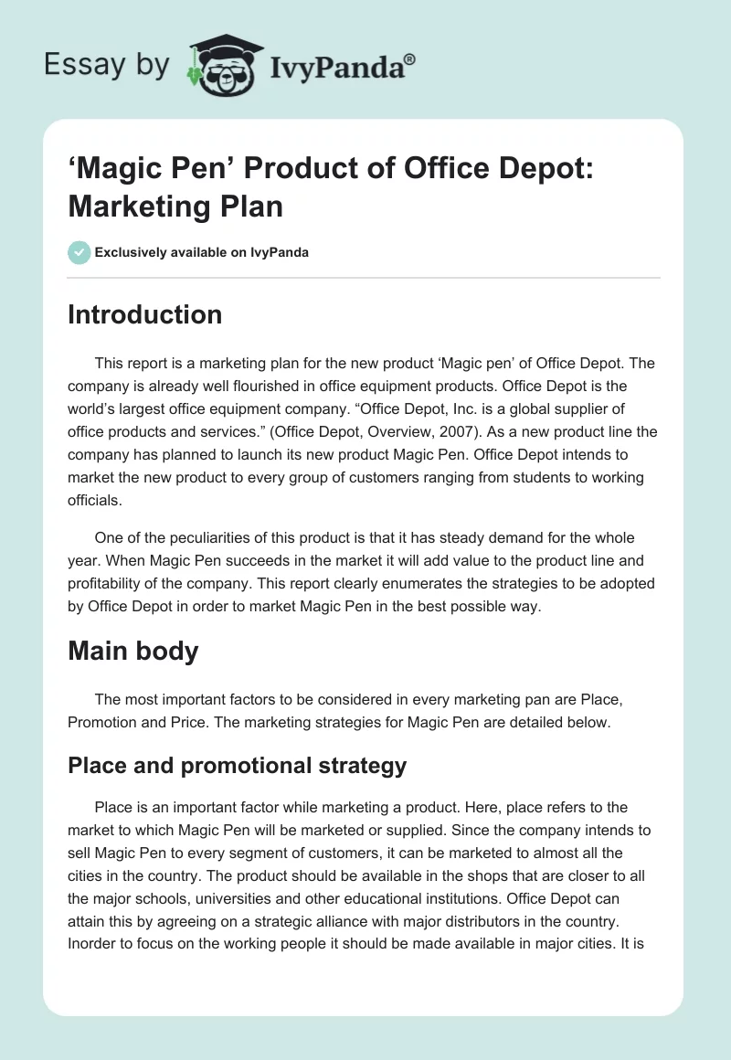 ‘Magic Pen’ Product of Office Depot: Marketing Plan. Page 1