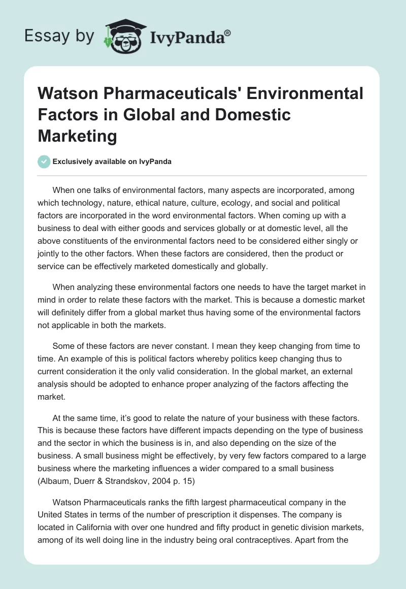 Watson Pharmaceuticals' Environmental Factors in Global and Domestic Marketing. Page 1