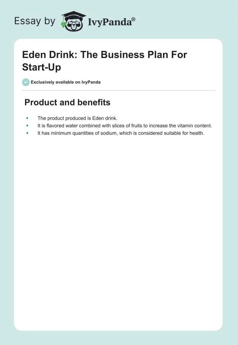 Eden Drink: The Business Plan For Start-Up. Page 1