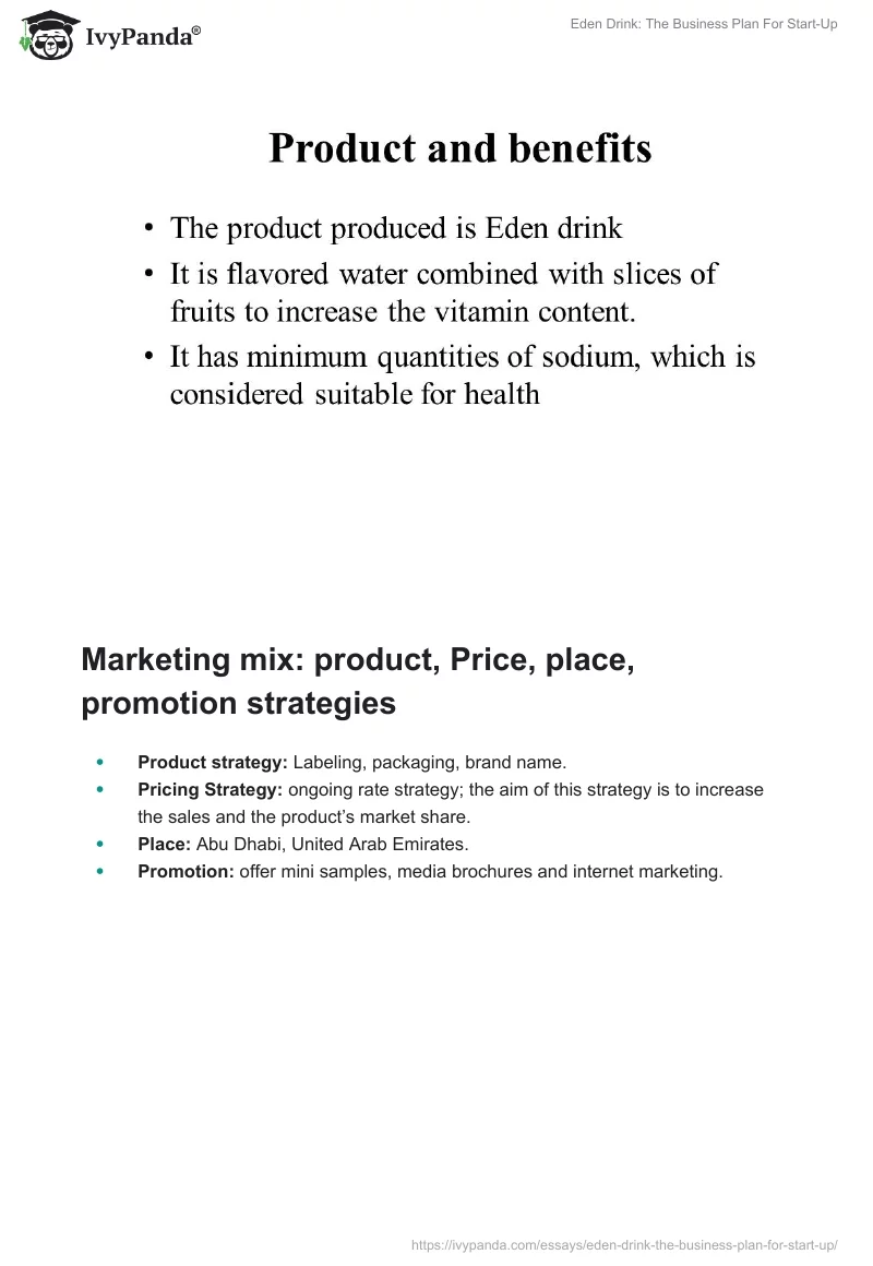 Eden Drink: The Business Plan For Start-Up. Page 2