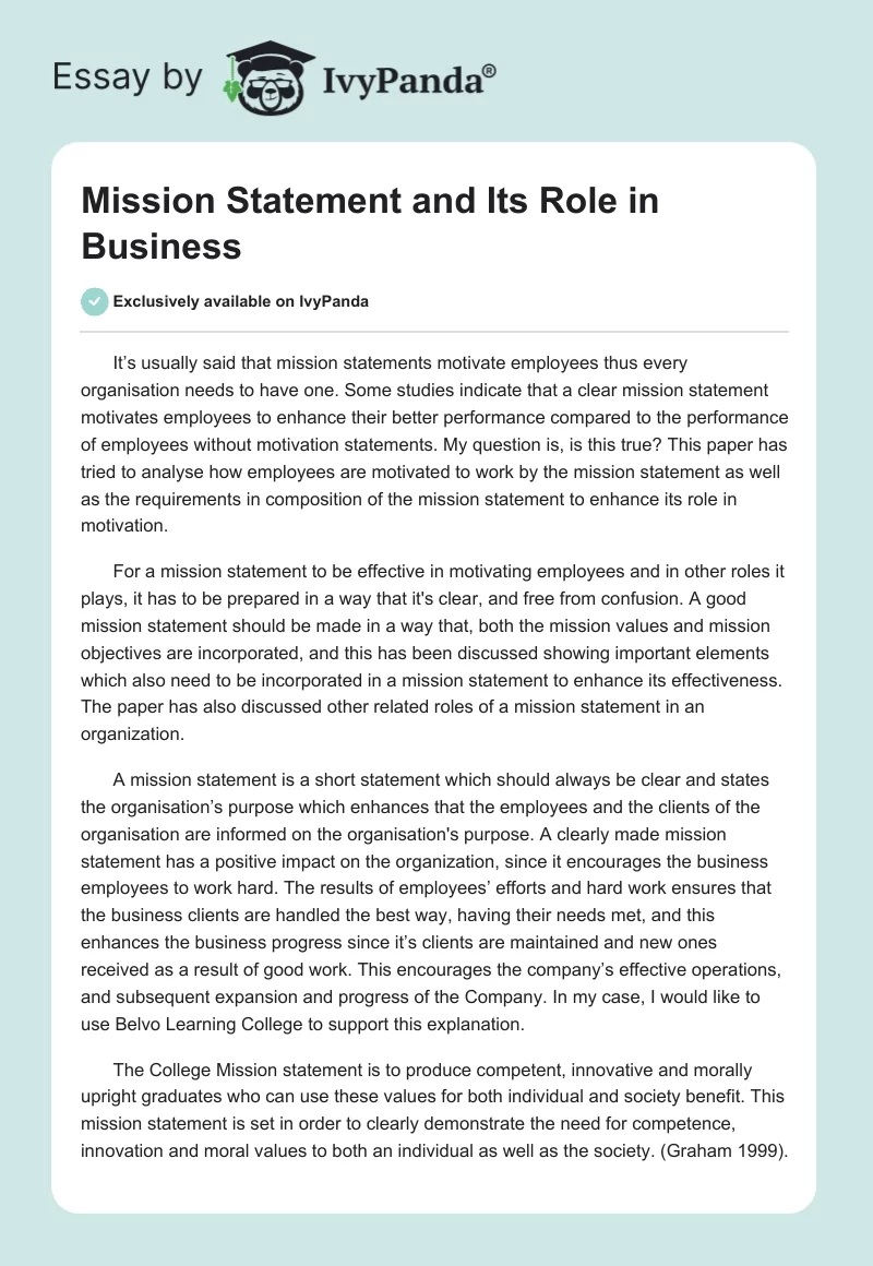 Mission Statement and Its Role in Business. Page 1