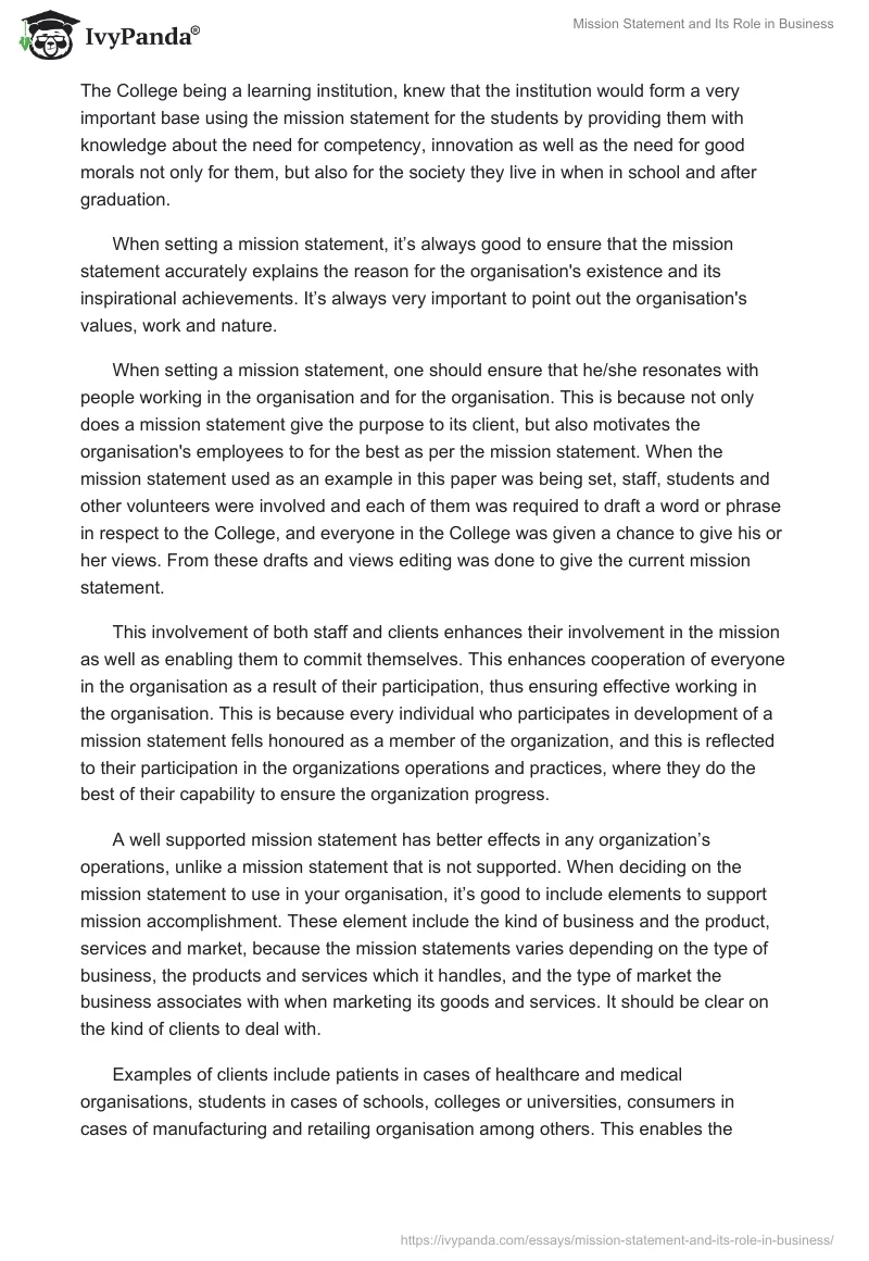 Mission Statement and Its Role in Business. Page 2