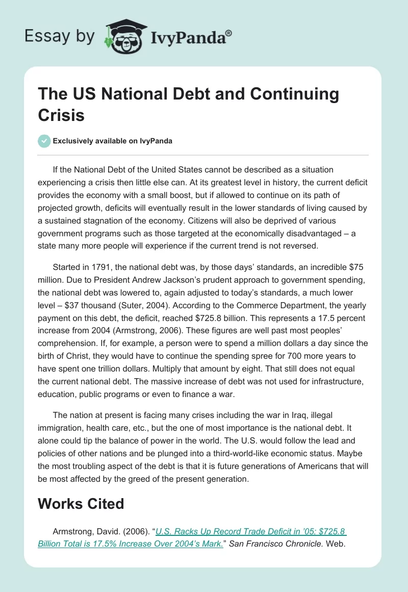 The US National Debt and Continuing Crisis. Page 1