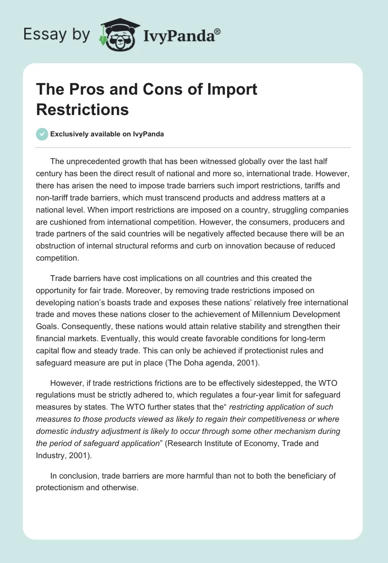 The Pros and Cons of Import Restrictions. Page 1
