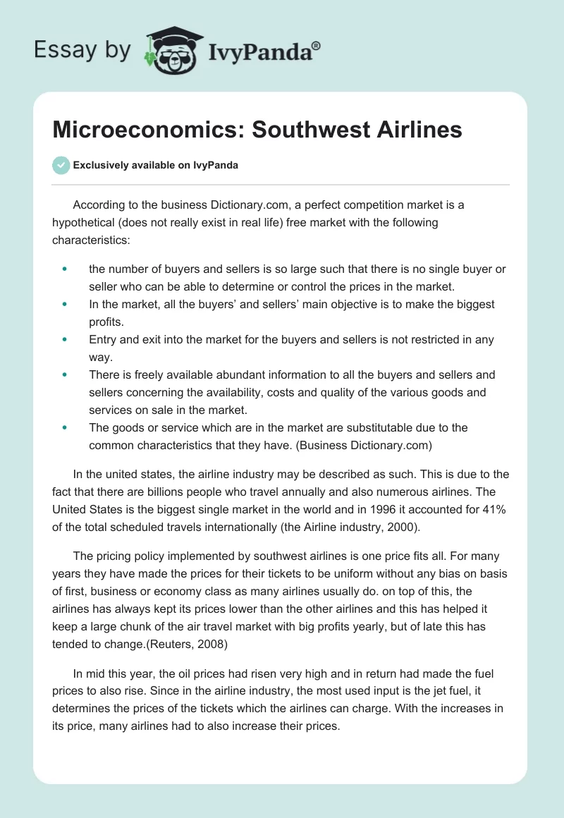 Microeconomics: Southwest Airlines. Page 1