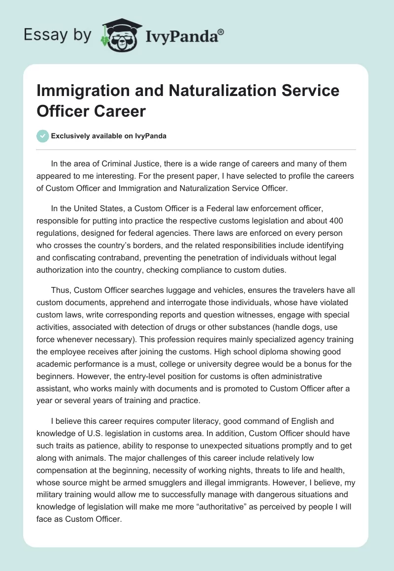 Immigration and Naturalization Service Officer Career. Page 1