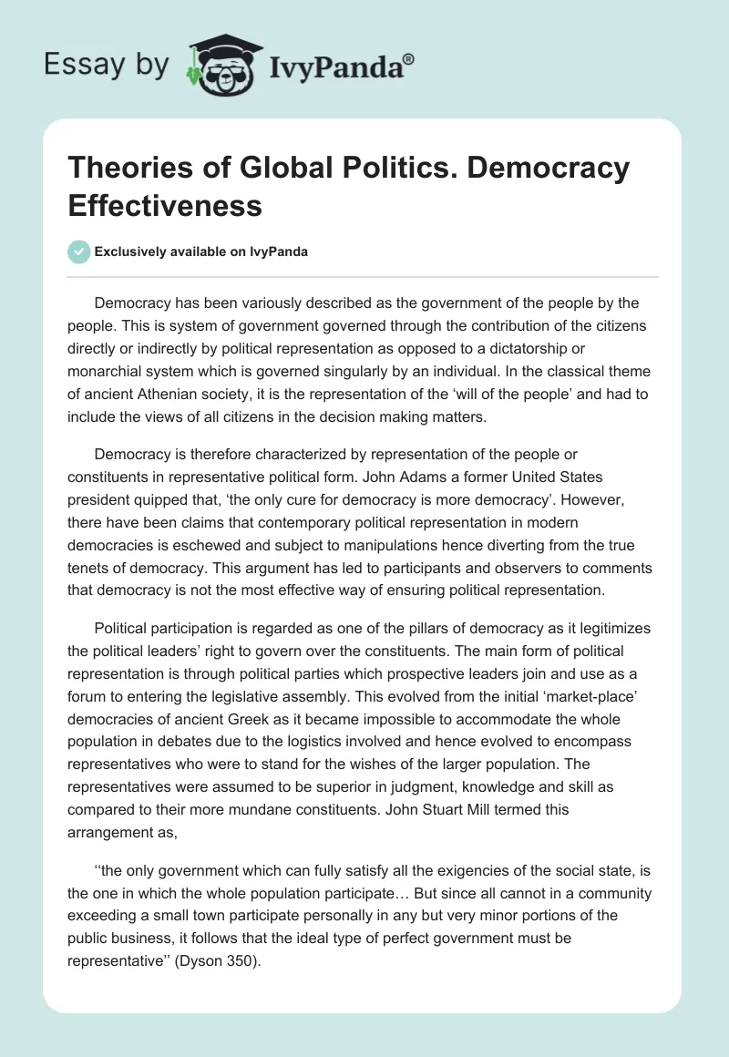 Theories of Global Politics. Democracy Effectiveness. Page 1