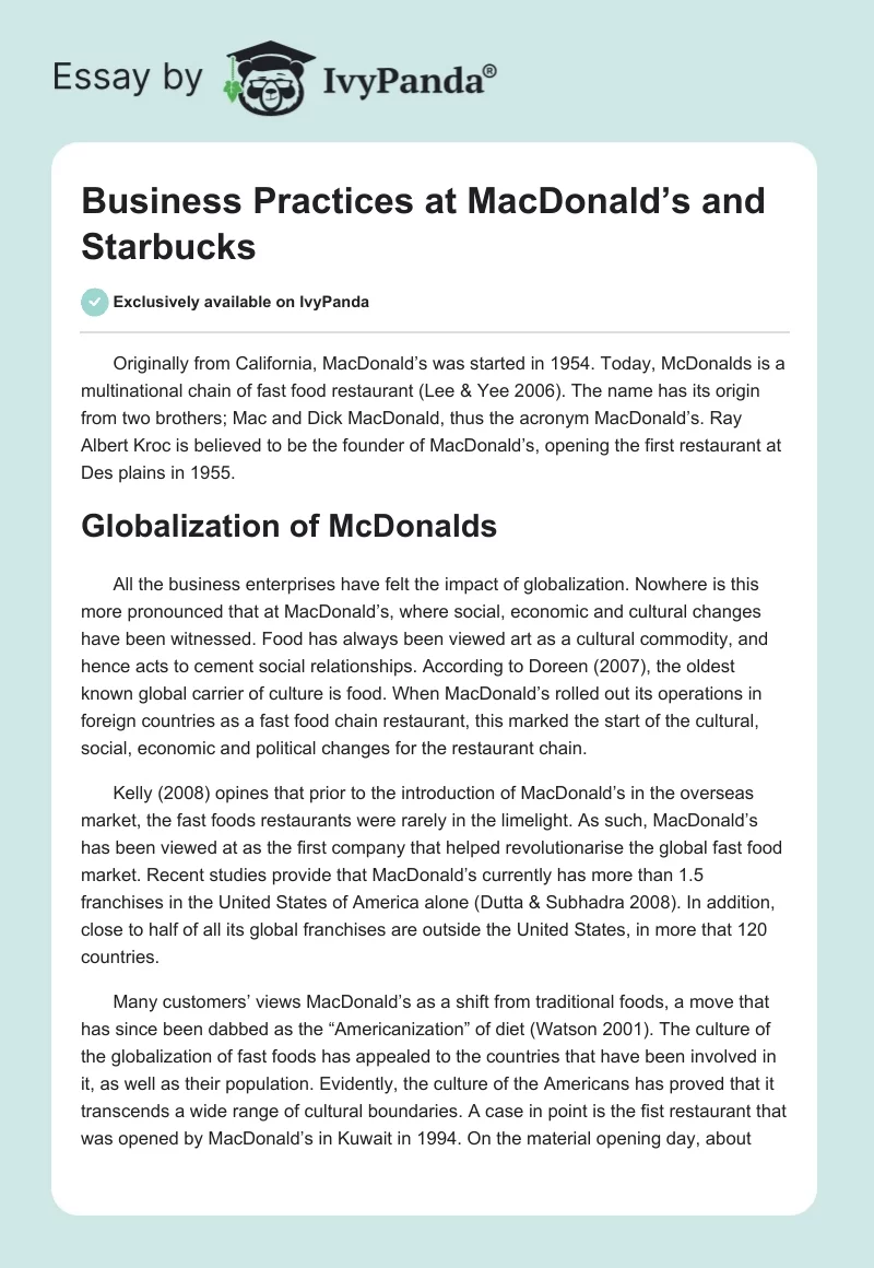 Business Practices at MacDonald’s and Starbucks. Page 1