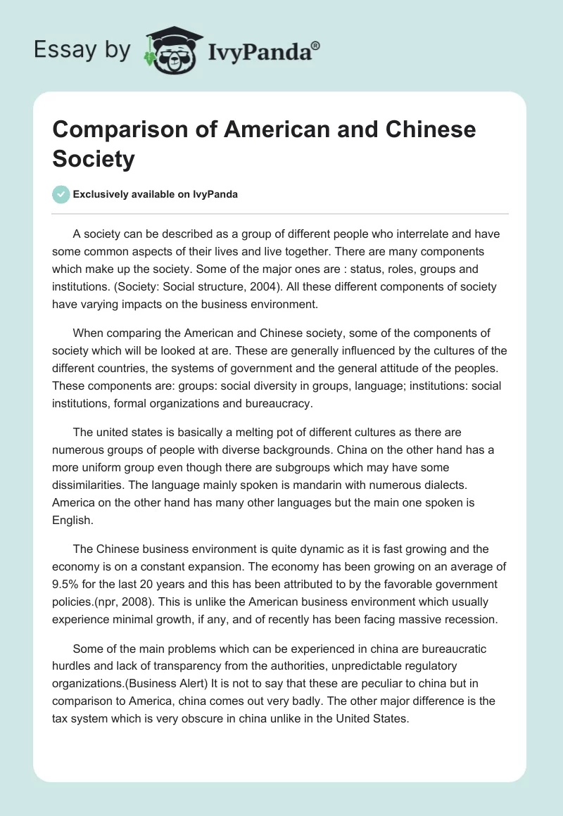 Comparison of American and Chinese Society. Page 1
