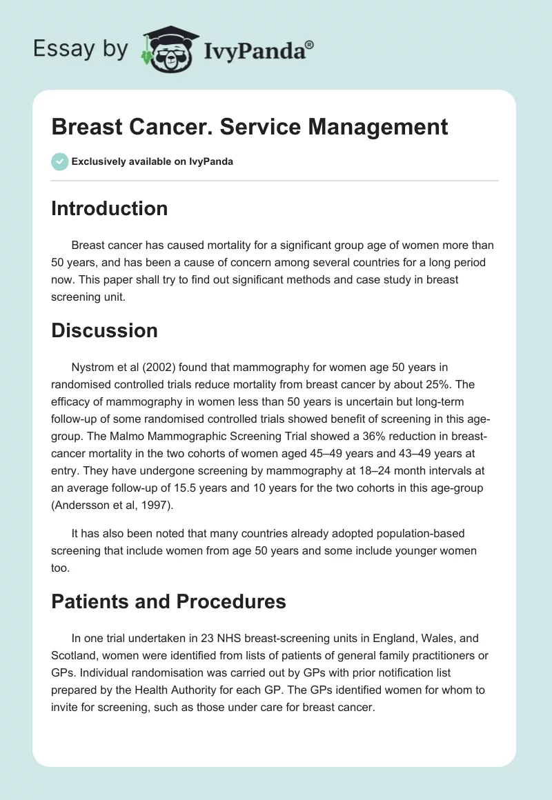 Breast Cancer. Service Management. Page 1