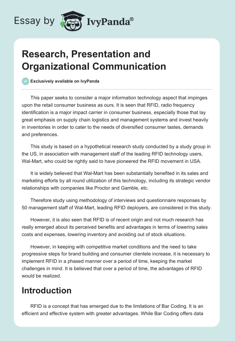 Research, Presentation and Organizational Communication. Page 1