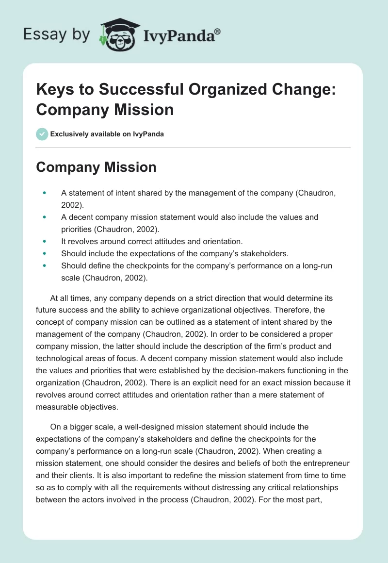 Keys to Successful Organized Change: Company Mission. Page 1