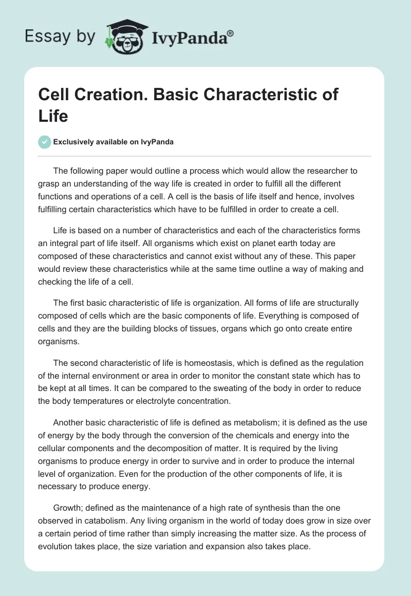 Cell Creation. Basic Characteristic of Life. Page 1