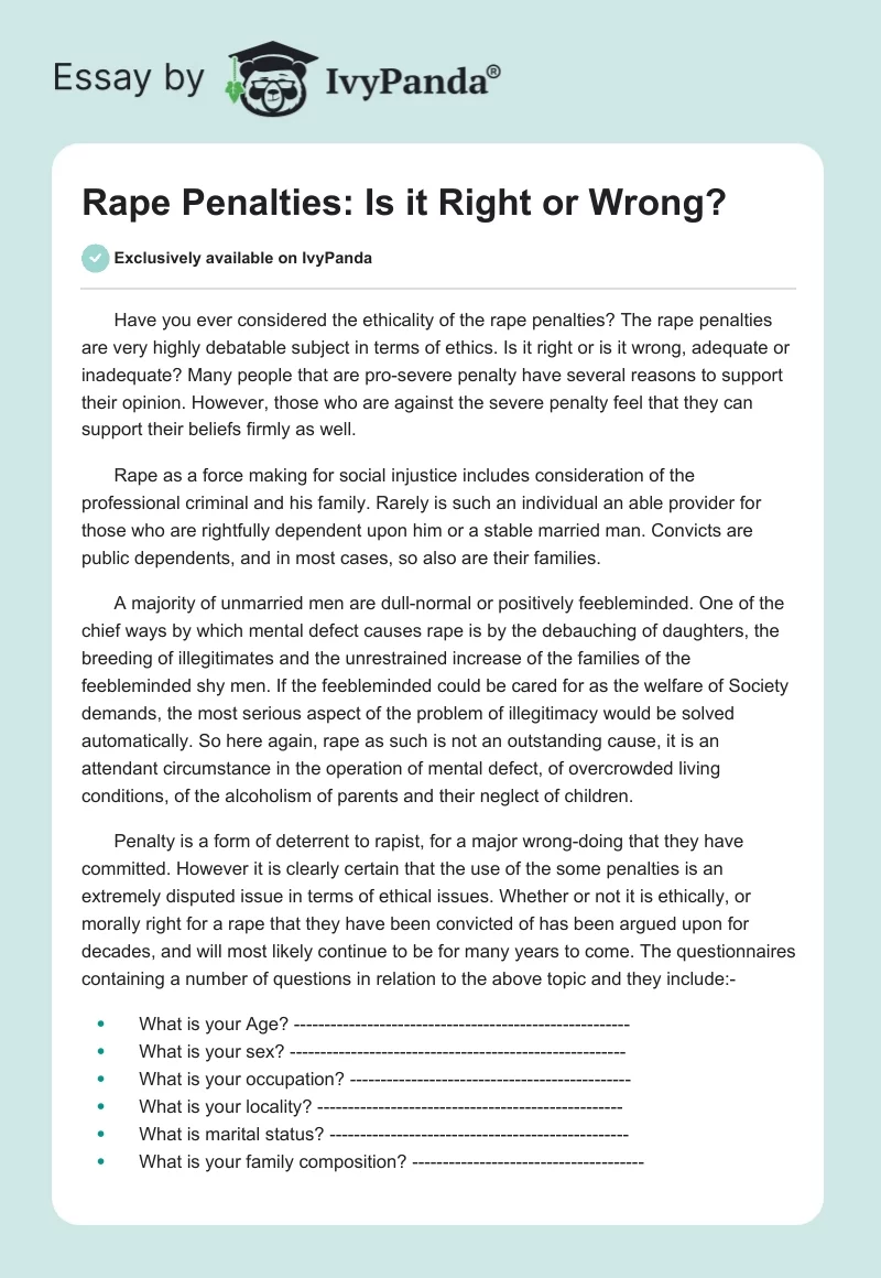 Rape Penalties: Is it Right or Wrong?. Page 1