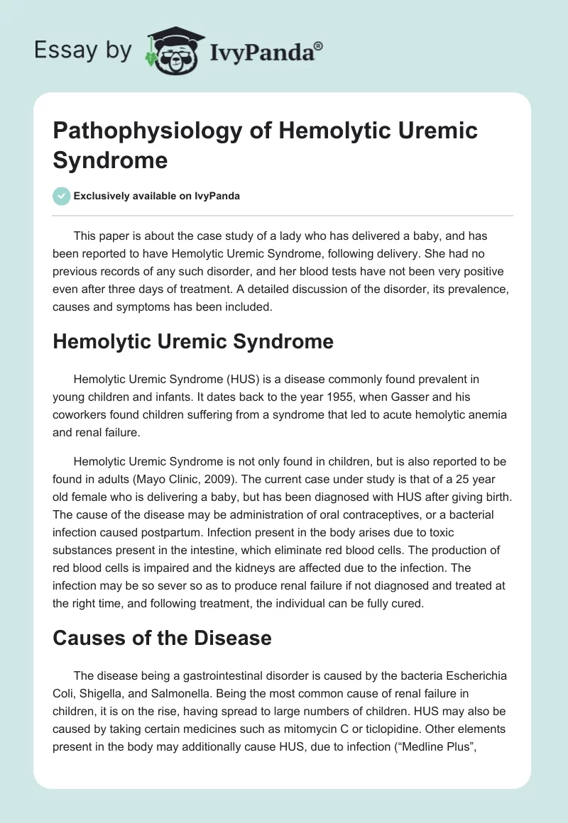 Pathophysiology of Hemolytic Uremic Syndrome. Page 1