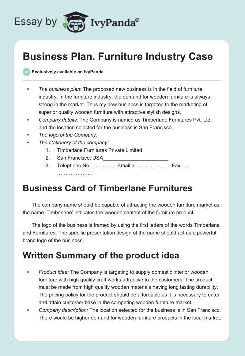 Business Plan. Furniture Industry Case. Page 1