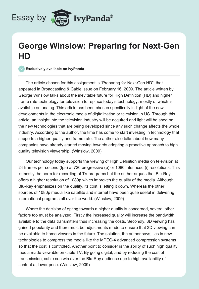 George Winslow: Preparing for Next-Gen HD. Page 1