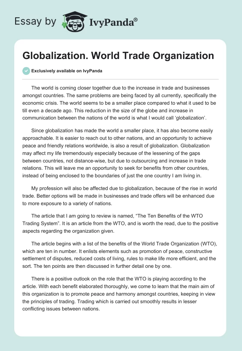 Globalization. World Trade Organization. Page 1