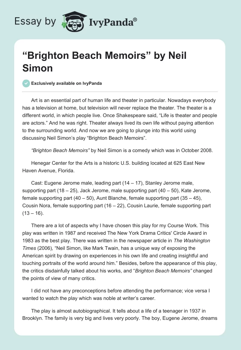 “Brighton Beach Memoirs” by Neil Simon. Page 1