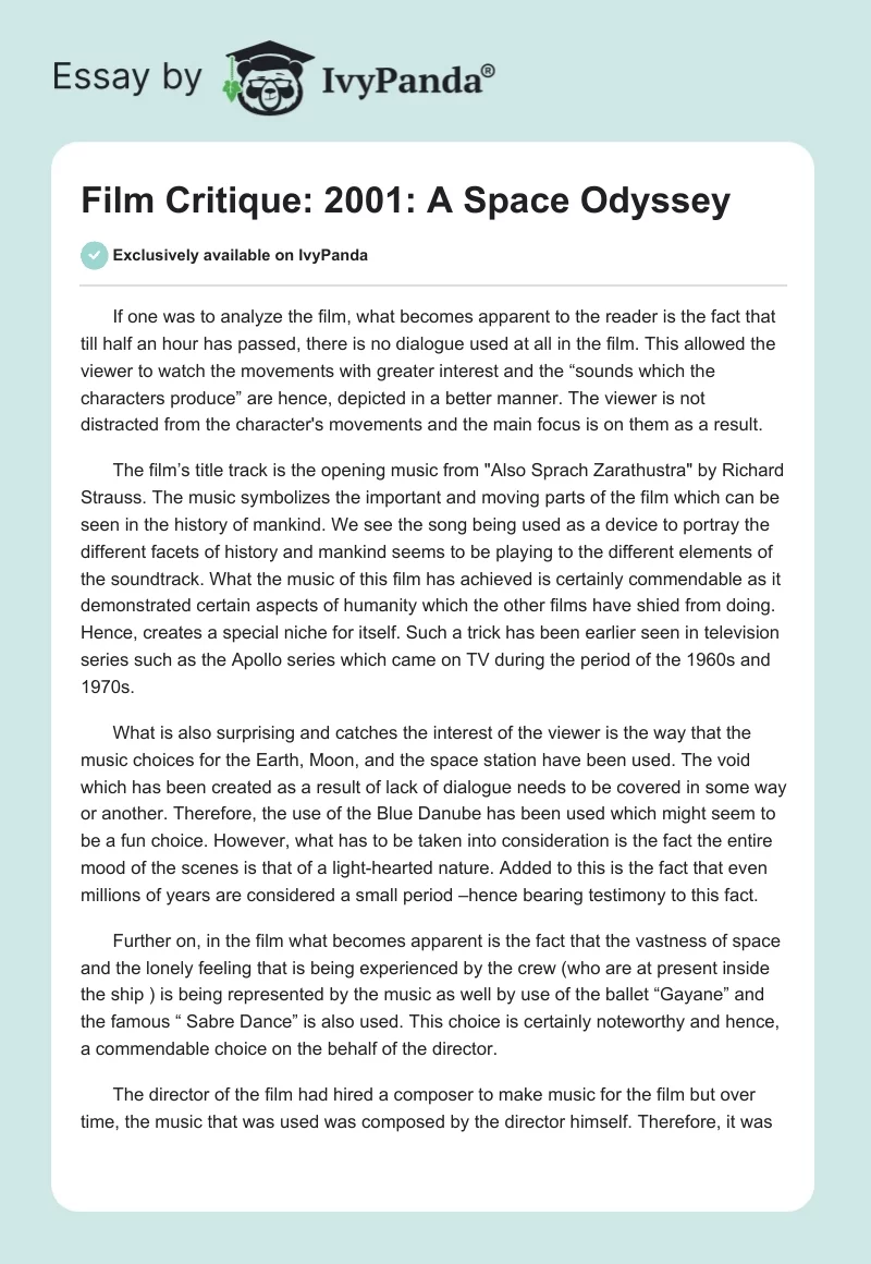 Film Critique: 2001: A Space Odyssey. Page 1