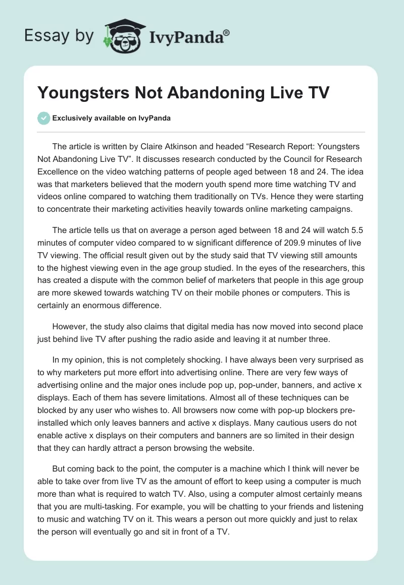 Youngsters Not Abandoning Live TV. Page 1