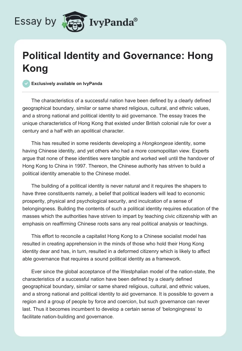 Political Identity and Governance: Hong Kong. Page 1