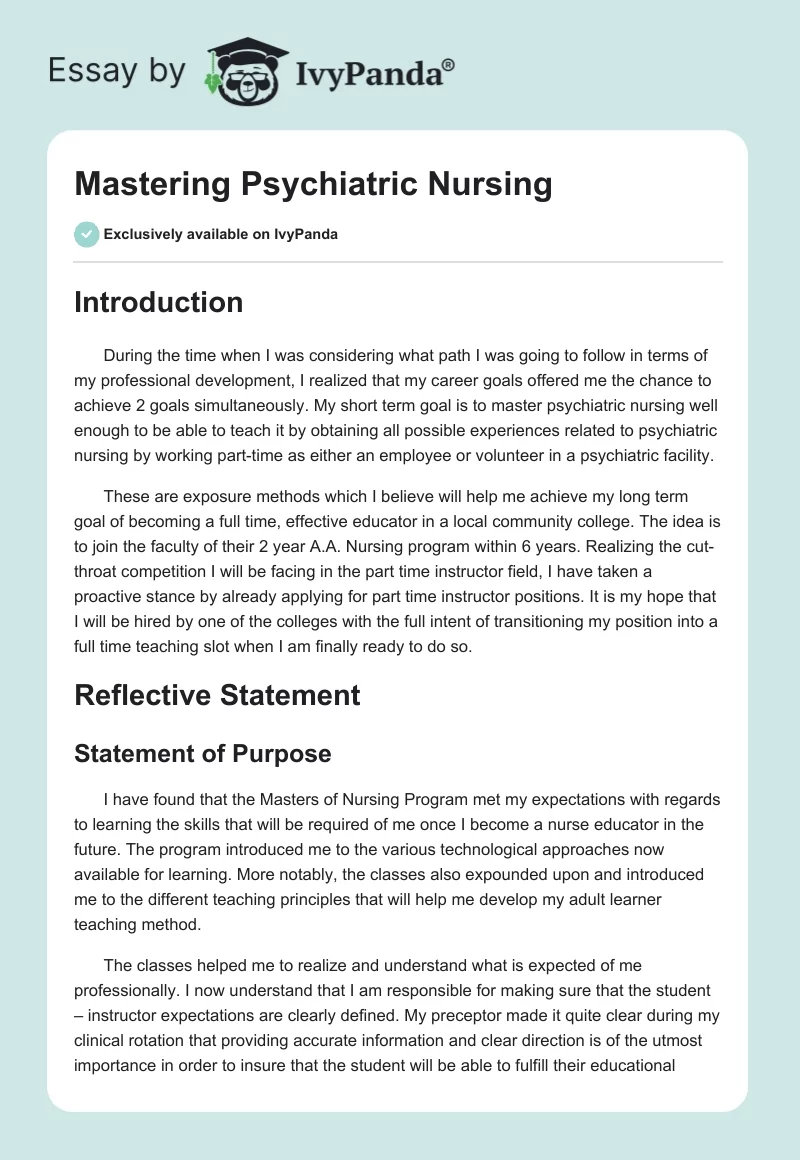 Mastering Psychiatric Nursing. Page 1