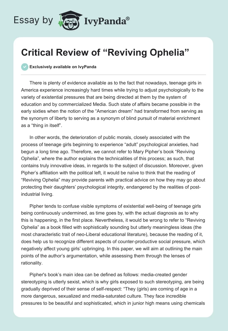 Critical Review of “Reviving Ophelia”. Page 1