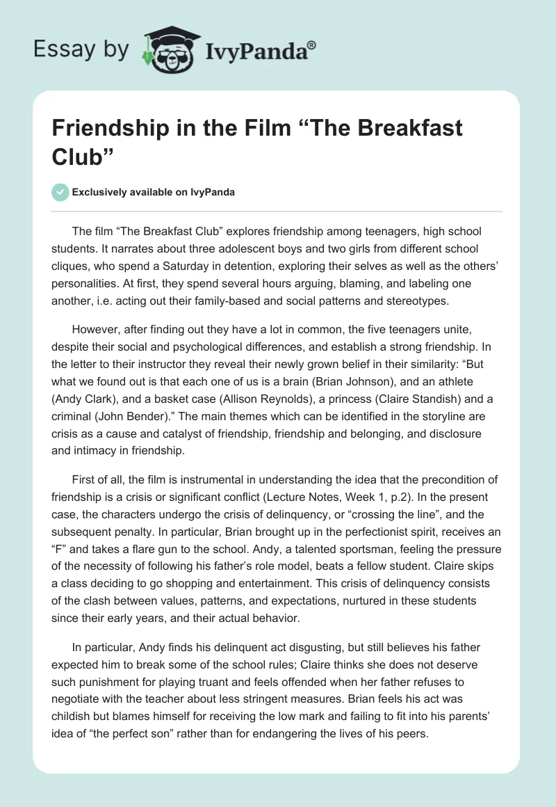 Friendship in the Film “The Breakfast Club”. Page 1