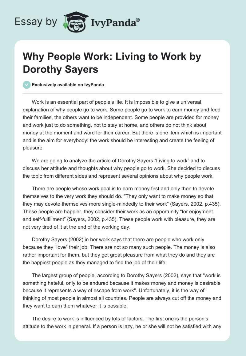 Why People Work: "Living to Work" by Dorothy Sayers. Page 1
