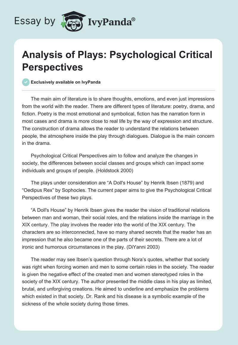 Analysis of Plays: Psychological Critical Perspectives. Page 1