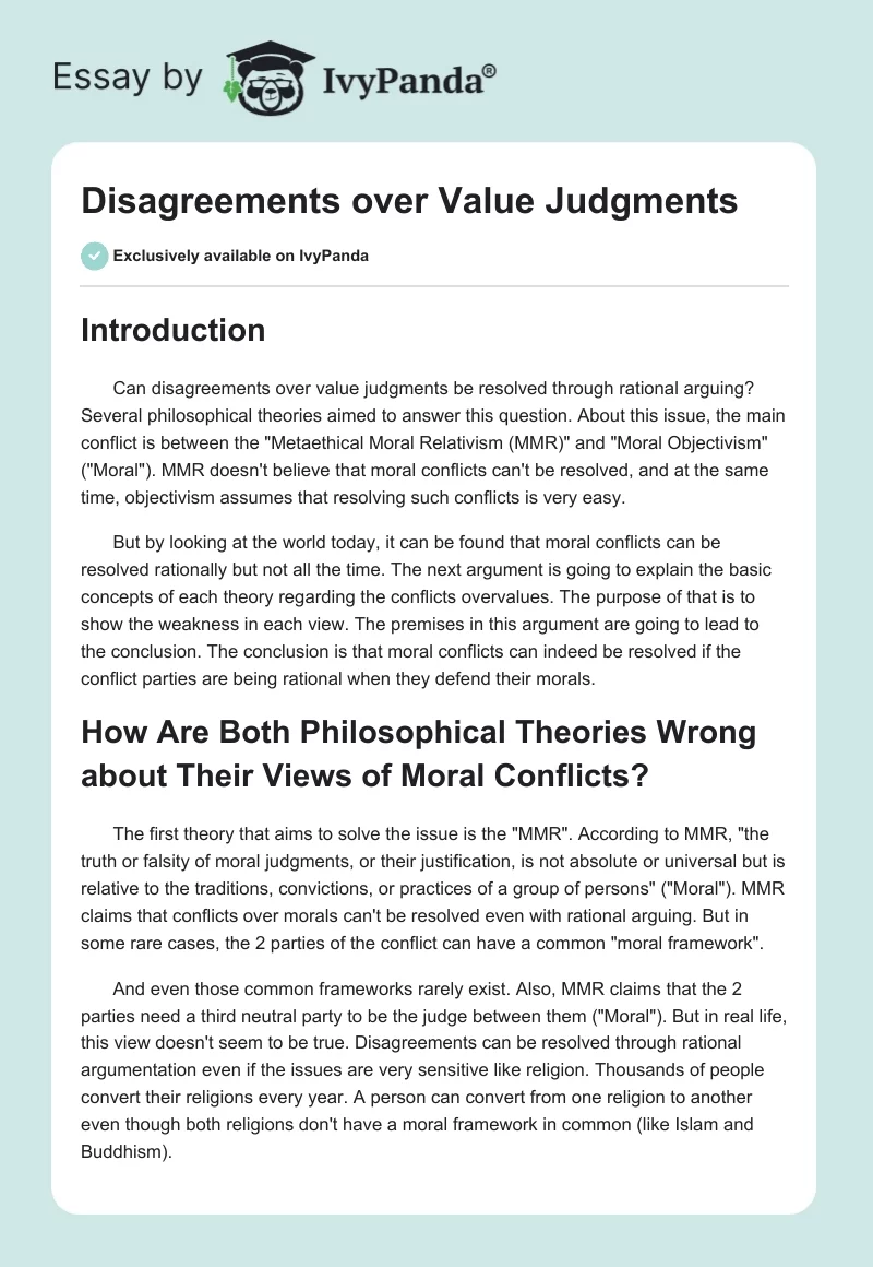 Disagreements over Value Judgments. Page 1