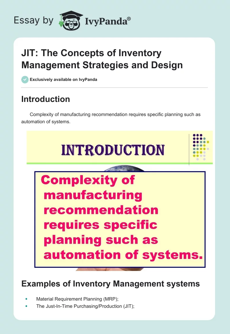 JIT: The Concepts of Inventory Management Strategies and Design. Page 1