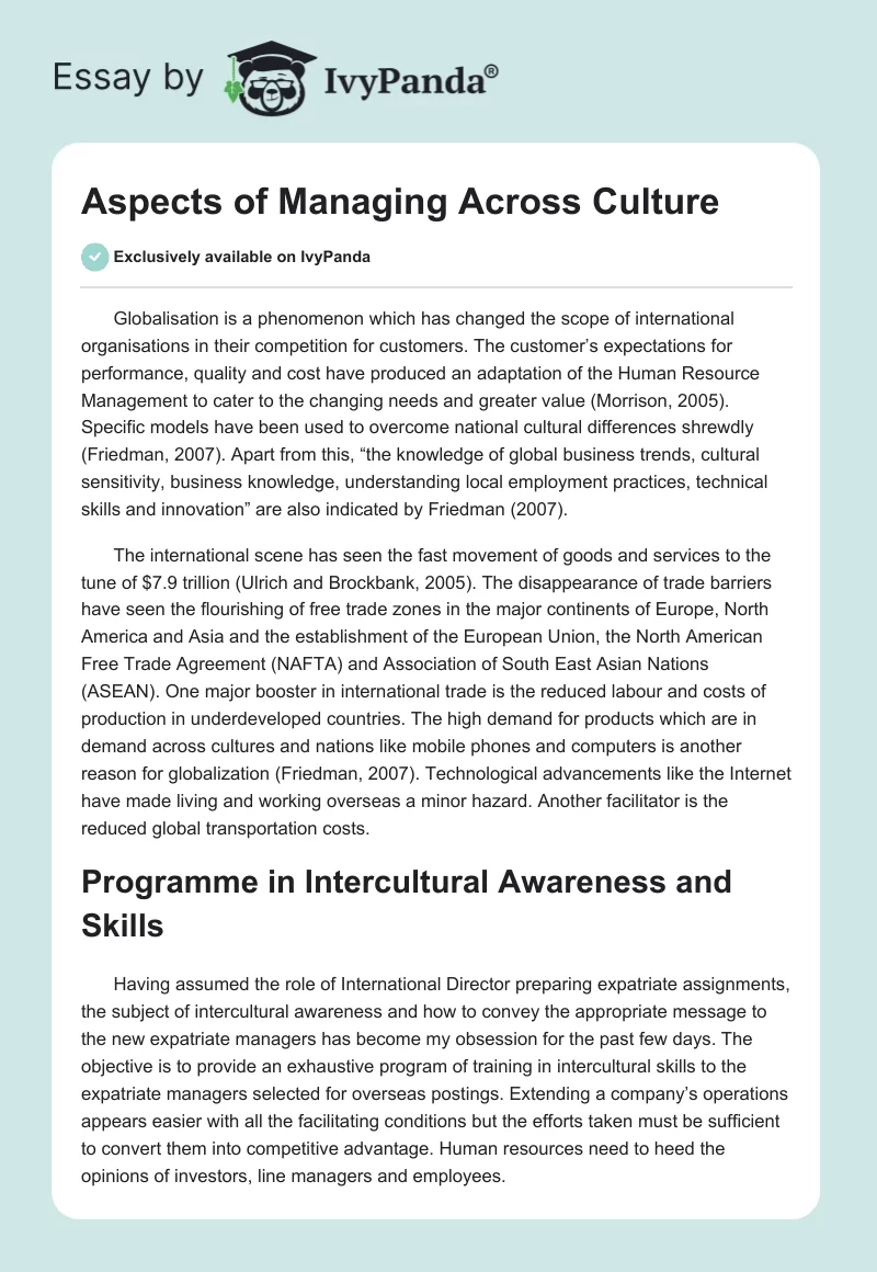 Aspects of Managing Across Culture. Page 1
