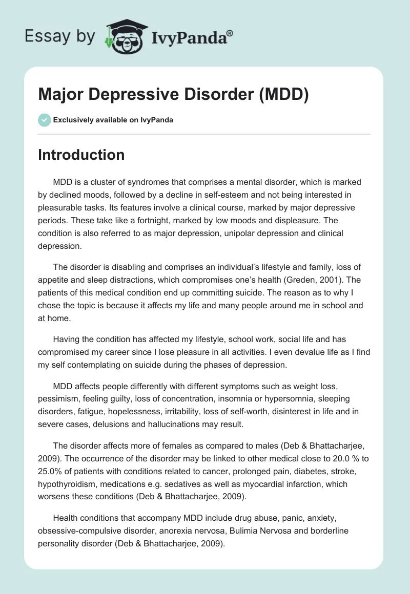 Major Depressive Disorder (MDD). Page 1