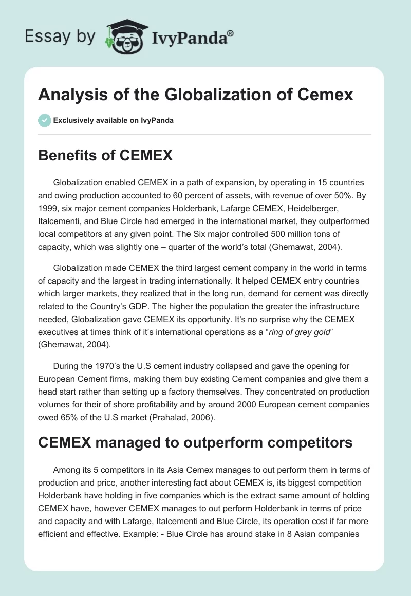 Analysis of the Globalization of Cemex. Page 1