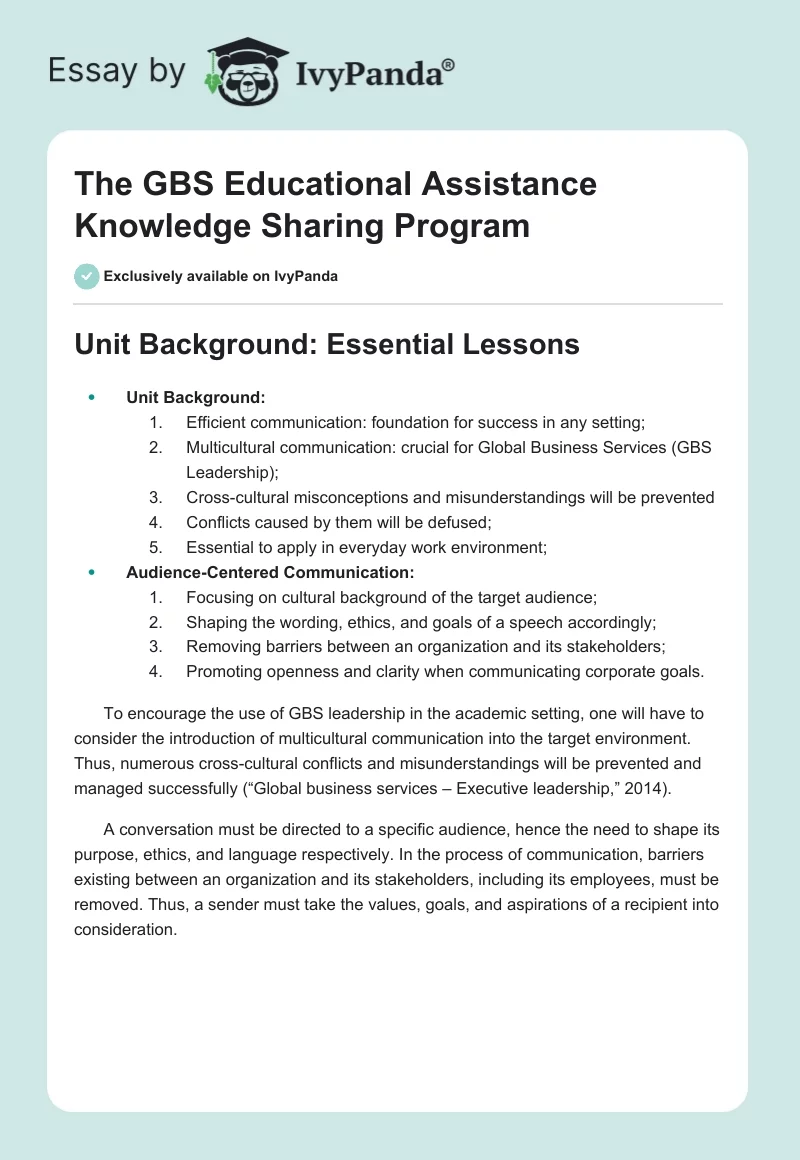 The GBS Educational Assistance Knowledge Sharing Program. Page 1
