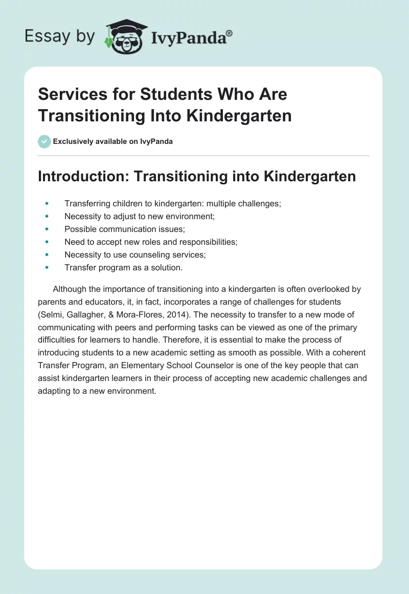 Services for Students Who Are Transitioning Into Kindergarten. Page 1