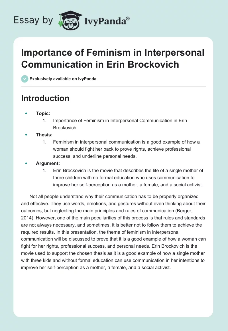 Importance of Feminism in Interpersonal Communication in "Erin Brockovich". Page 1