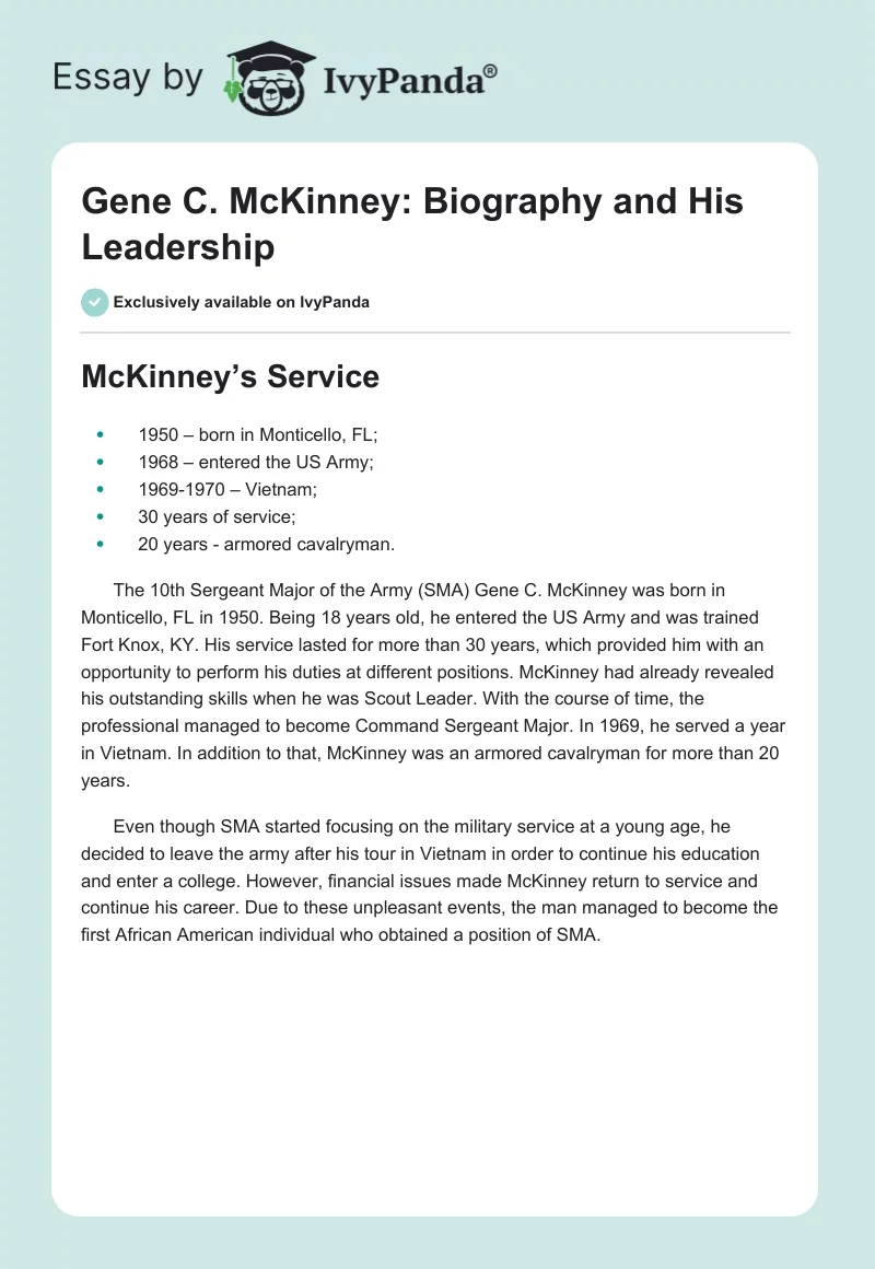 Gene C. McKinney: Biography and His Leadership. Page 1