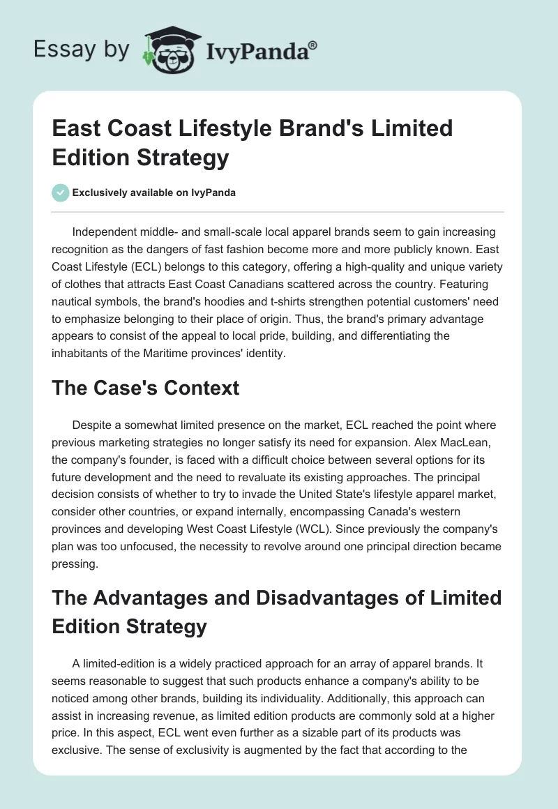 East Coast Lifestyle Brand's Limited Edition Strategy. Page 1
