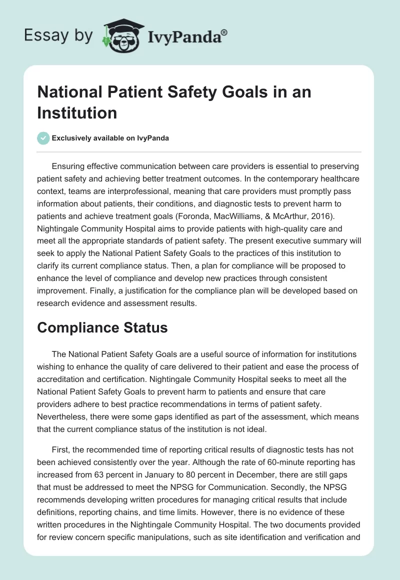 National Patient Safety Goals in an Institution. Page 1