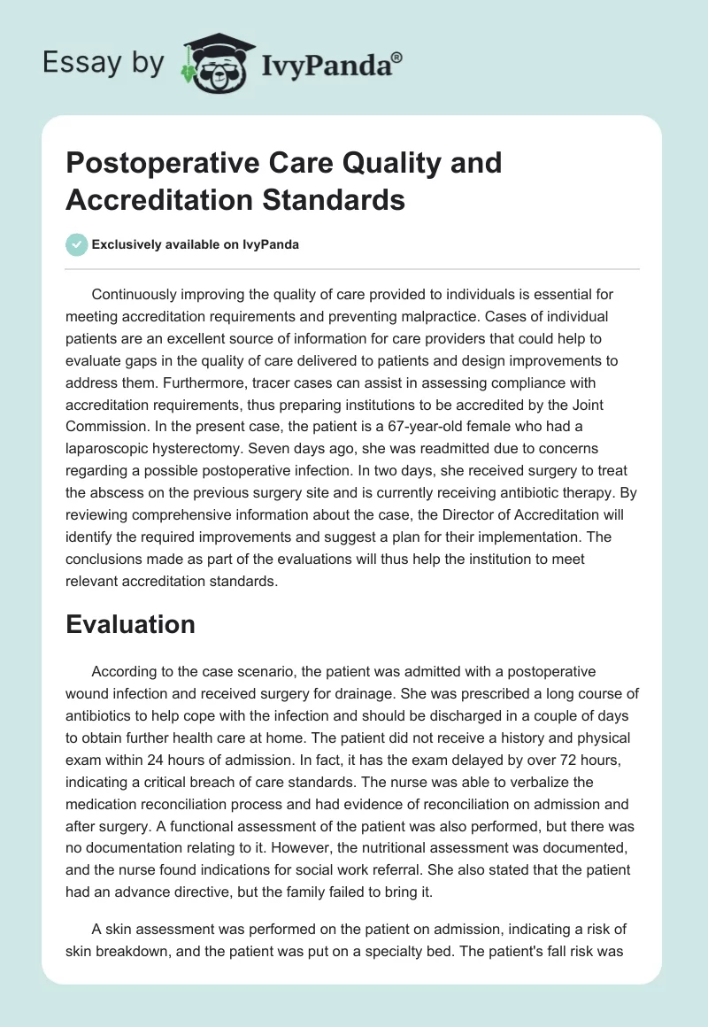 Postoperative Care Quality and Accreditation Standards. Page 1