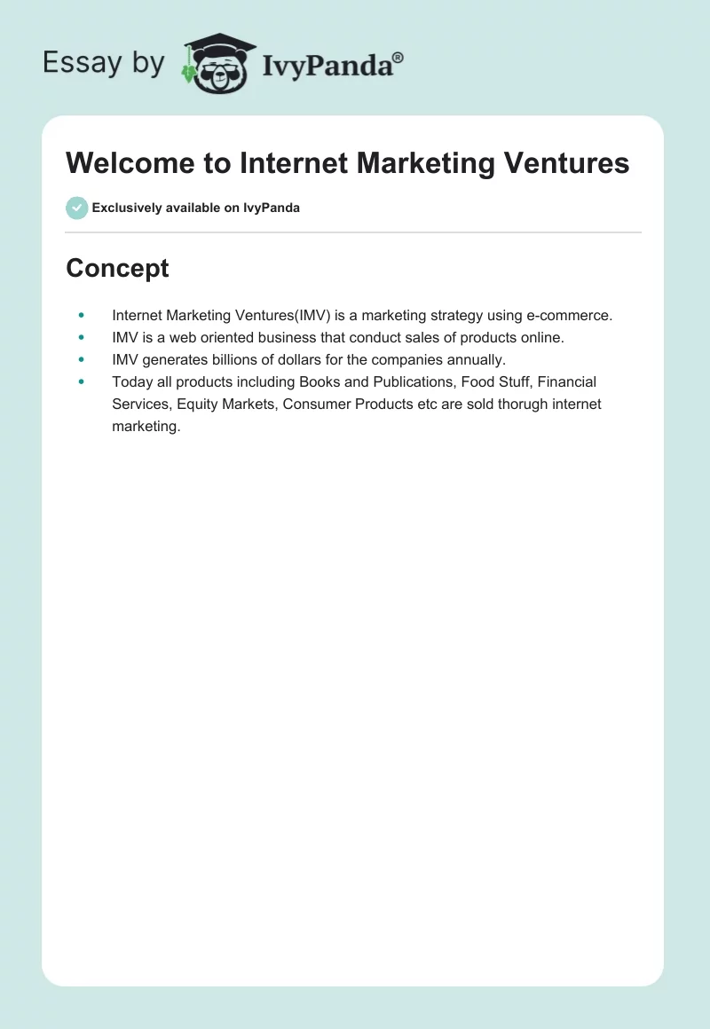 Welcome to Internet Marketing Ventures. Page 1