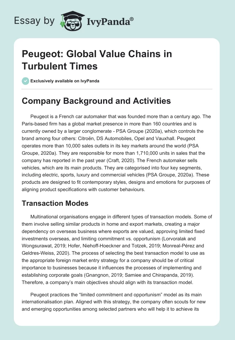 Peugeot: Global Value Chains in Turbulent Times. Page 1