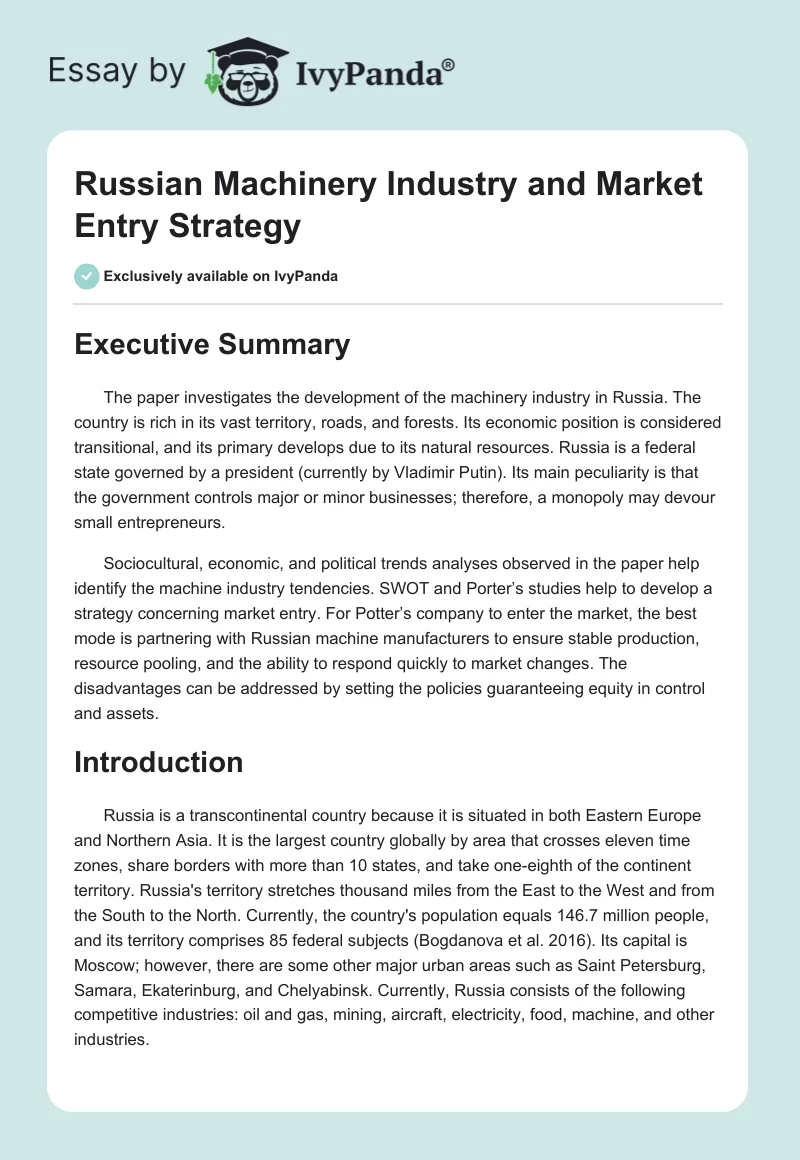 Russian Machinery Industry and Market Entry Strategy. Page 1