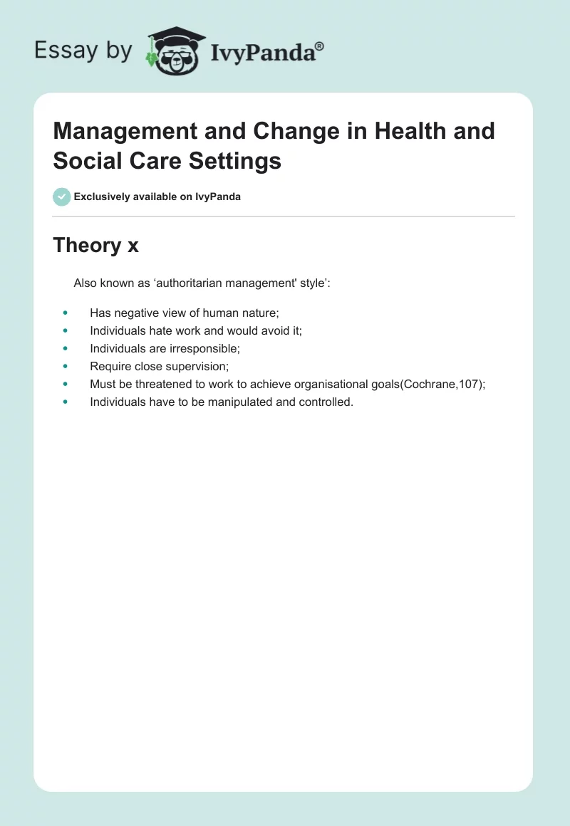 Management and Change in Health and Social Care Settings. Page 1